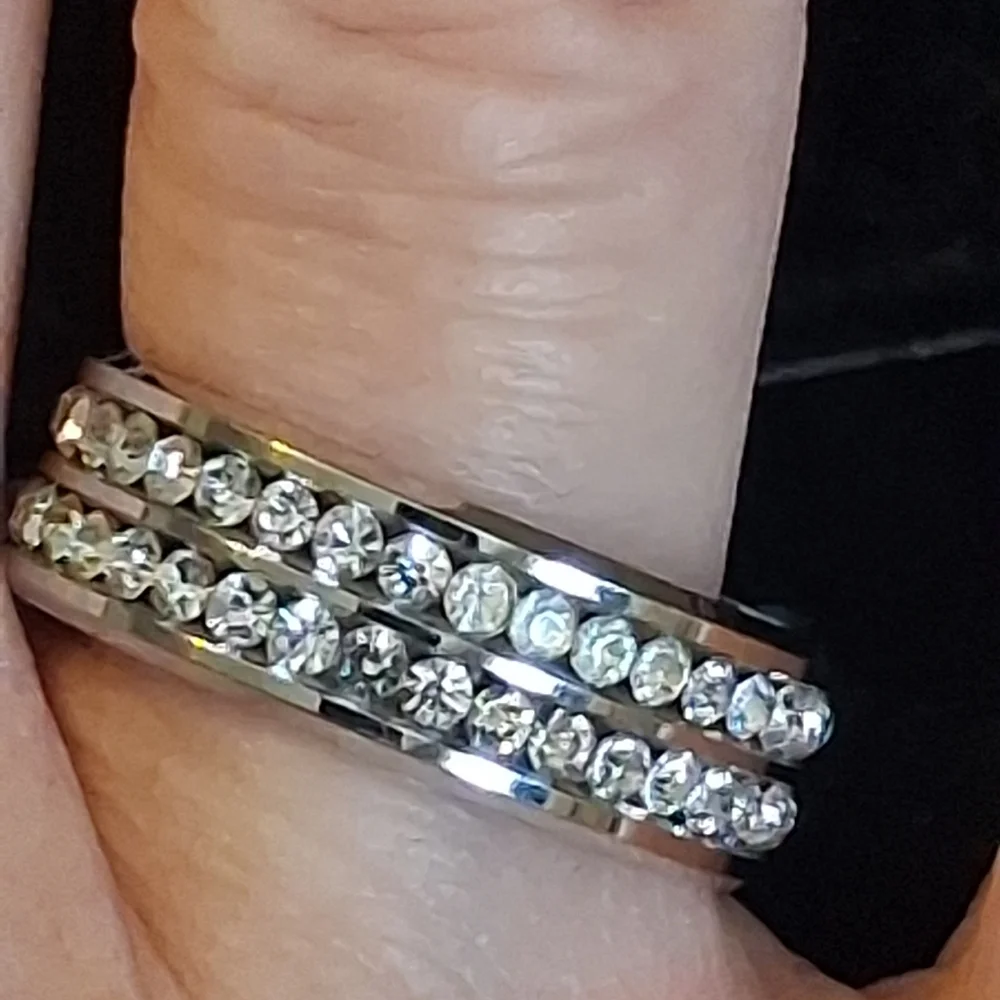 Silvertone Cigar Band Ring With Faux Diamonds Size 11 3/4